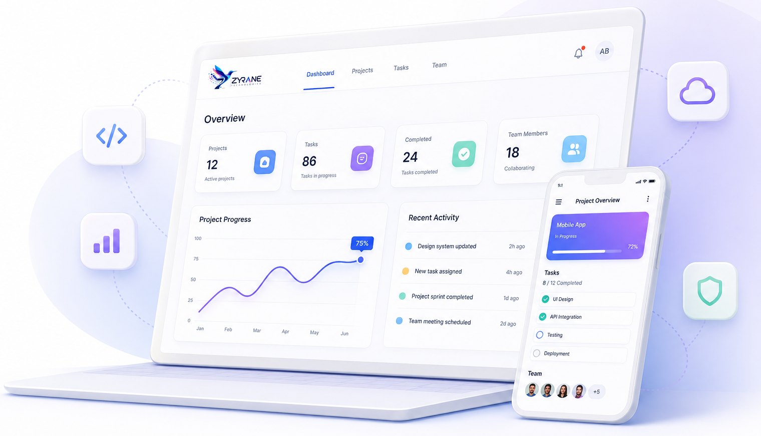 Zyrane Technologies project dashboard on a laptop, with the companion mobile app alongside it